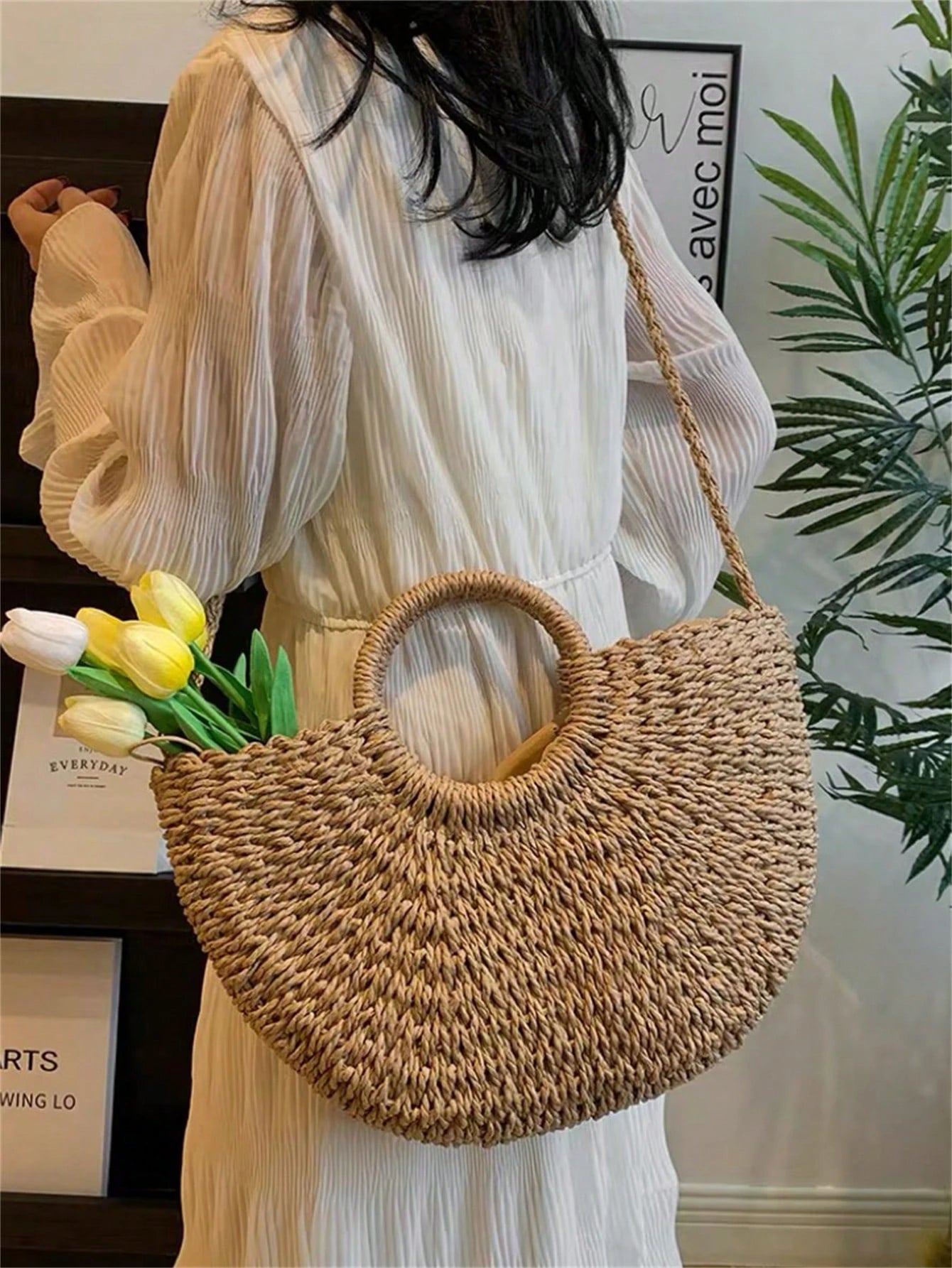 Vendedor Indicado
Baila Morena Bolsa palha grande meia lua bolsa de praia feminina de mão argola alça retirável forro de tecido fecho com cordão