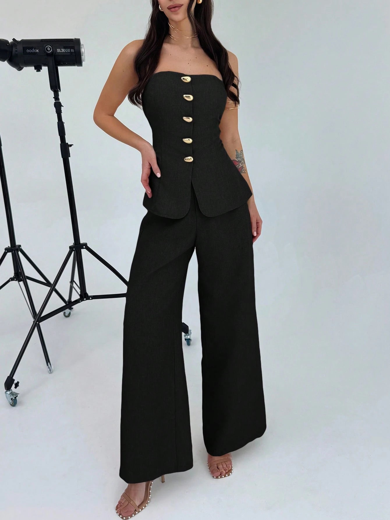 Firerie Conjunto de 2 Peças para Mulheres Minimalista Elegante, Top Bandeau com Botão de Metal e Calça de Perna Larga de Cintura Alta em Cáqui, Adequado para Escritório, Lazer, Férias