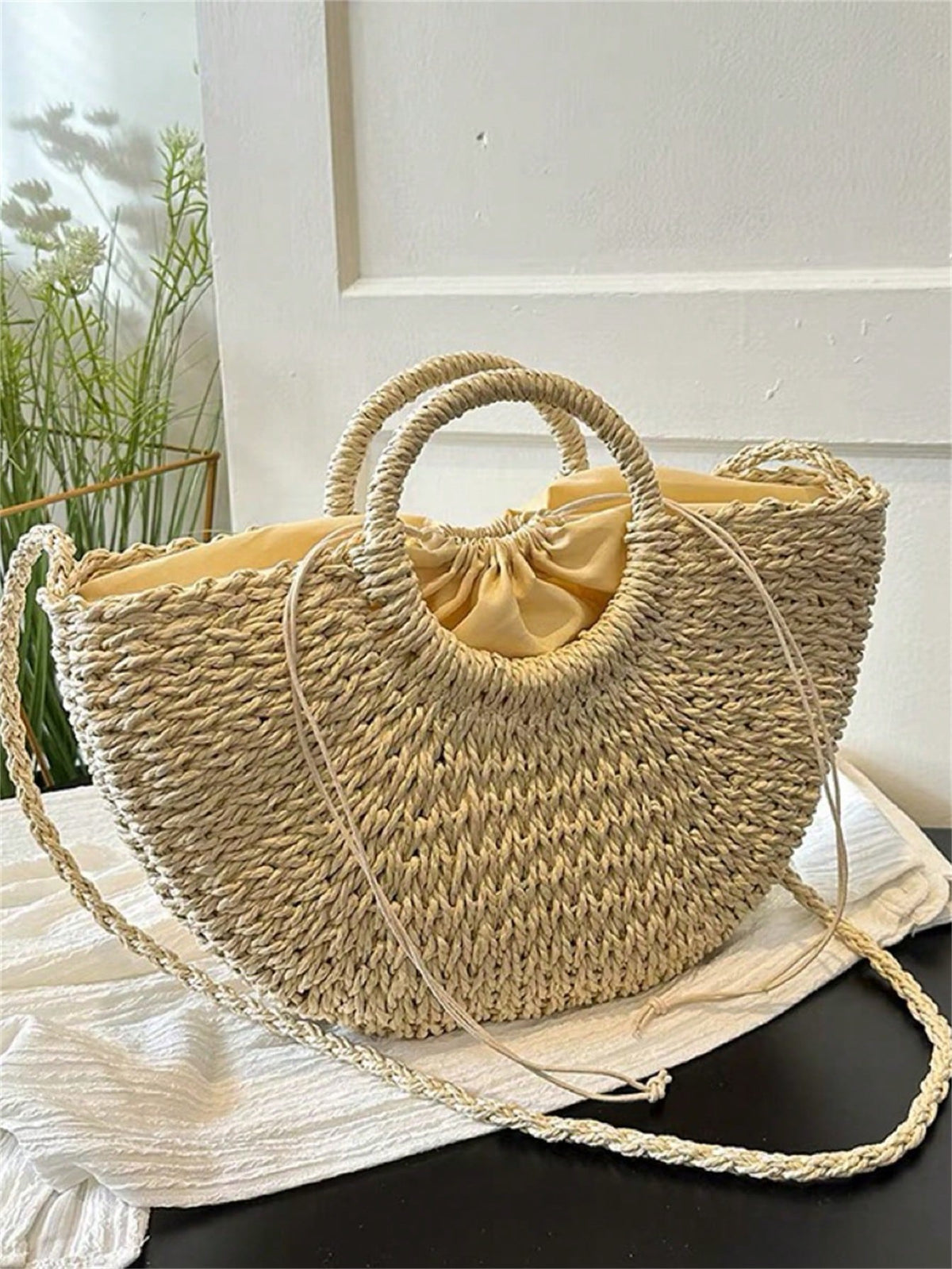 Vendedor Indicado
Baila Morena Bolsa palha grande meia lua bolsa de praia feminina de mão argola alça retirável forro de tecido fecho com cordão