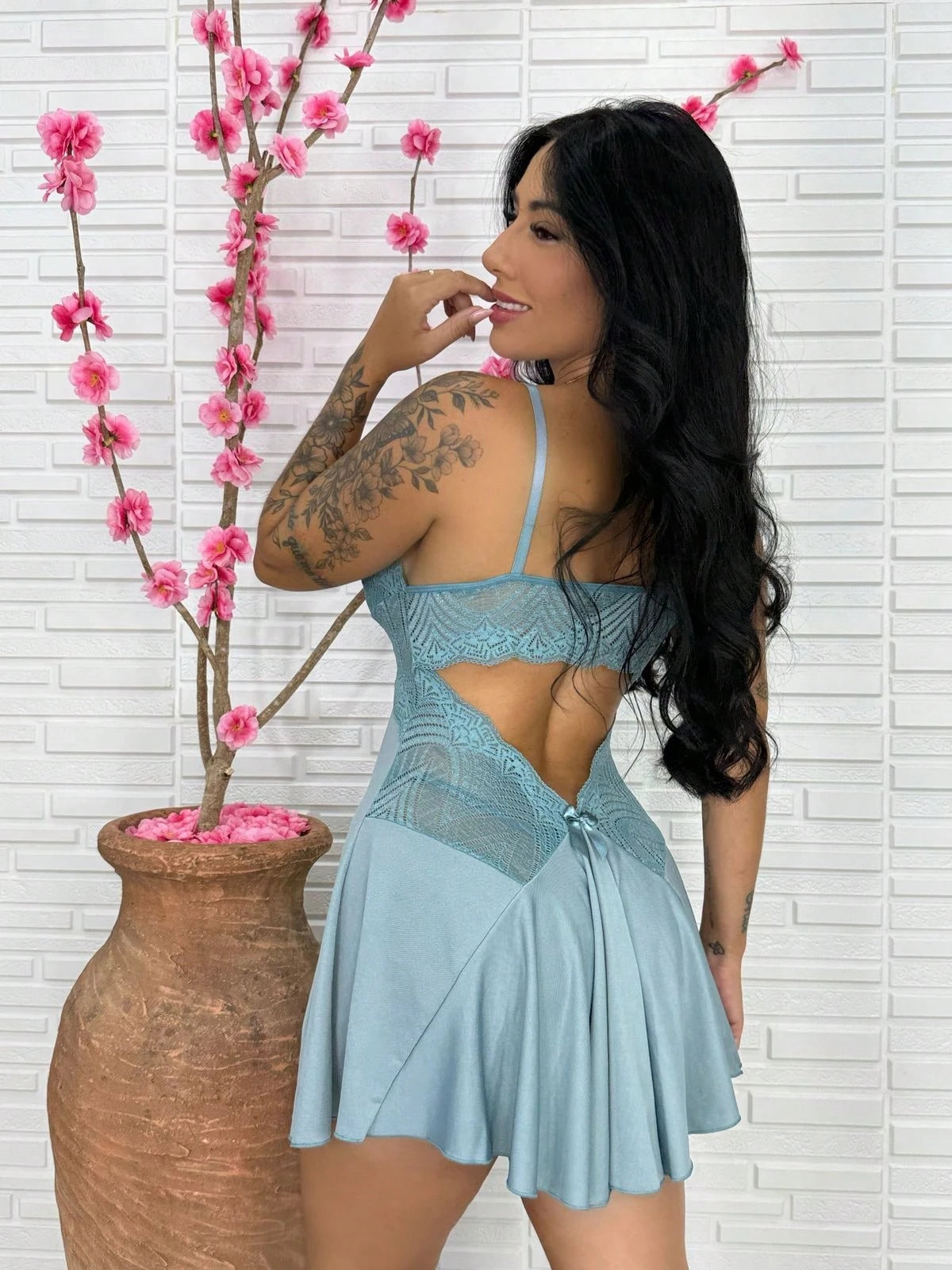 Vendedor Indicadocamisola feminina com calçinha bailarina e detalhes em renda pijama curto roupa de dormir