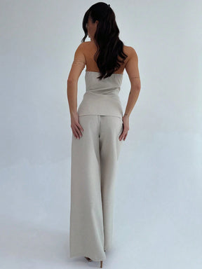 Firerie Conjunto de 2 Peças para Mulheres Minimalista Elegante, Top Bandeau com Botão de Metal e Calça de Perna Larga de Cintura Alta em Cáqui, Adequado para Escritório, Lazer, Férias