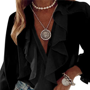 Camisa feminina de chiffon com babados com decote em v, blusas de manga comprida, tops, solta, monocromática, moda feminina, nova, outono, 2022