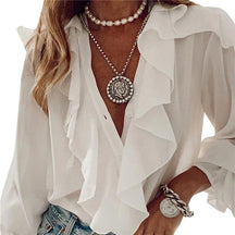 Camisa feminina de chiffon com babados com decote em v, blusas de manga comprida, tops, solta, monocromática, moda feminina, nova, outono, 2022
